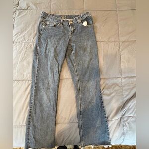 Cache Embellished Bootcut Jeans – Size 8– Frayed Hem & Rhinestone Detail